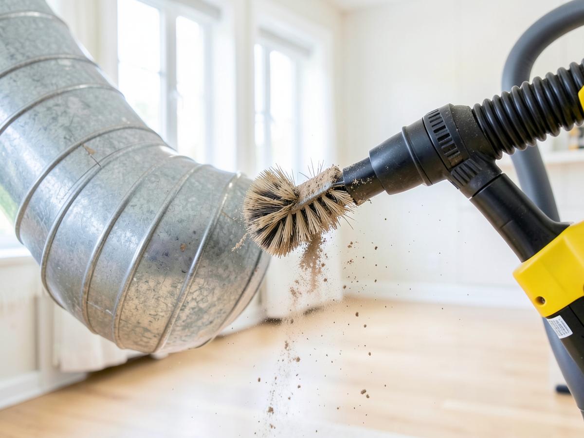Rotary brush and vacuum hose removing dust from a residential metal air duct