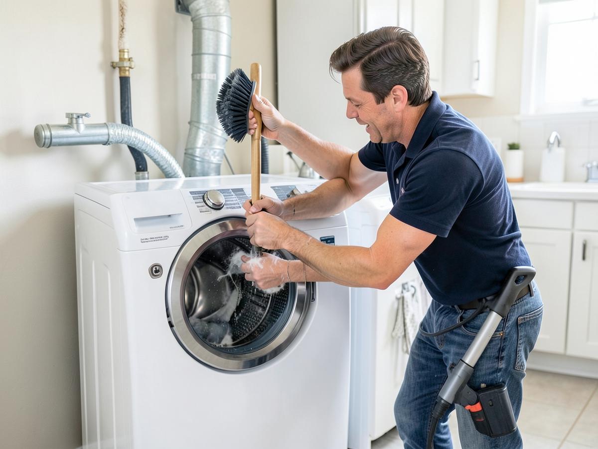 Technician cleaning lint from a dryer vent duct behind a laundry room dryer